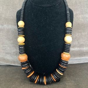 Wooden Bead and Disk Necklace; Black Brown Tan and Orange Accents